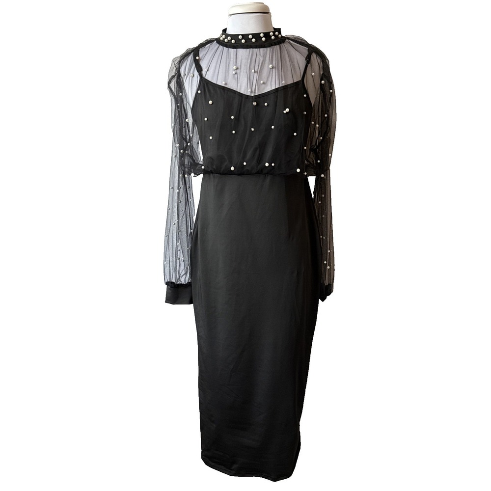 Sexy‎ Black Bodycon Midi Dress Pearl Sheer Mesh Mock Neck Cocktail XXL Glam Goth